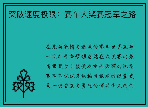 突破速度极限：赛车大奖赛冠军之路